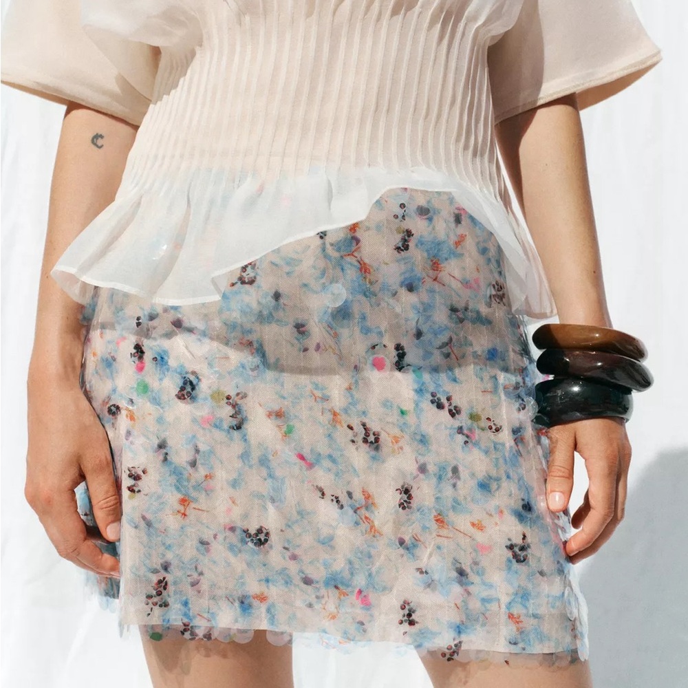NWT Zara Mini Skirt Sequin, Jewel Sequined Blue Skirt 3920/721 Blue Ecru - Picture 11 of 13